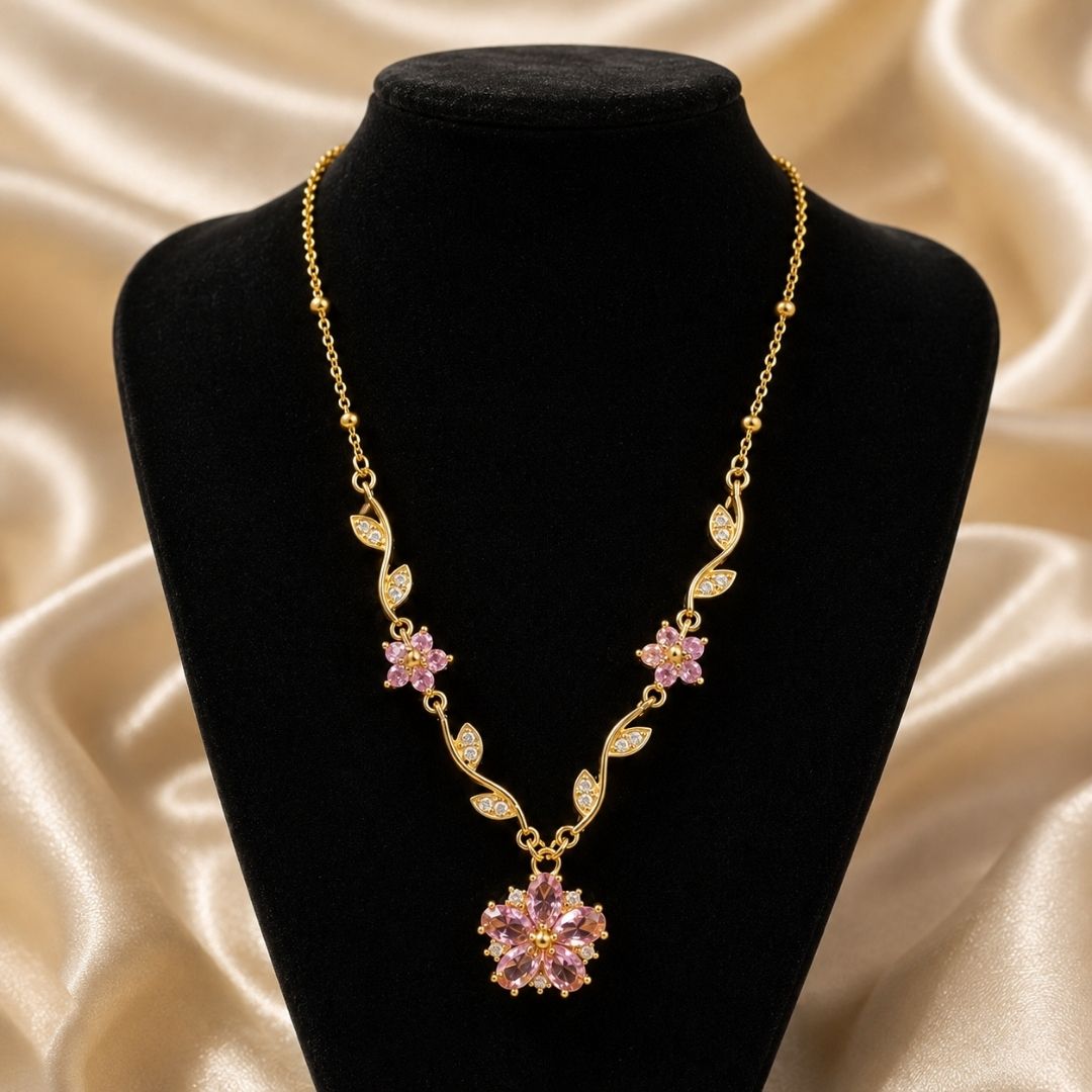 Elegant Gold Floral Pendant Necklace with Pink Crystal Stones – Delicate Statement Jewelry