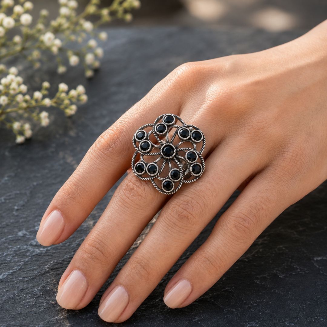 Oxidized German Silver Black Stone Floral Statement Ring