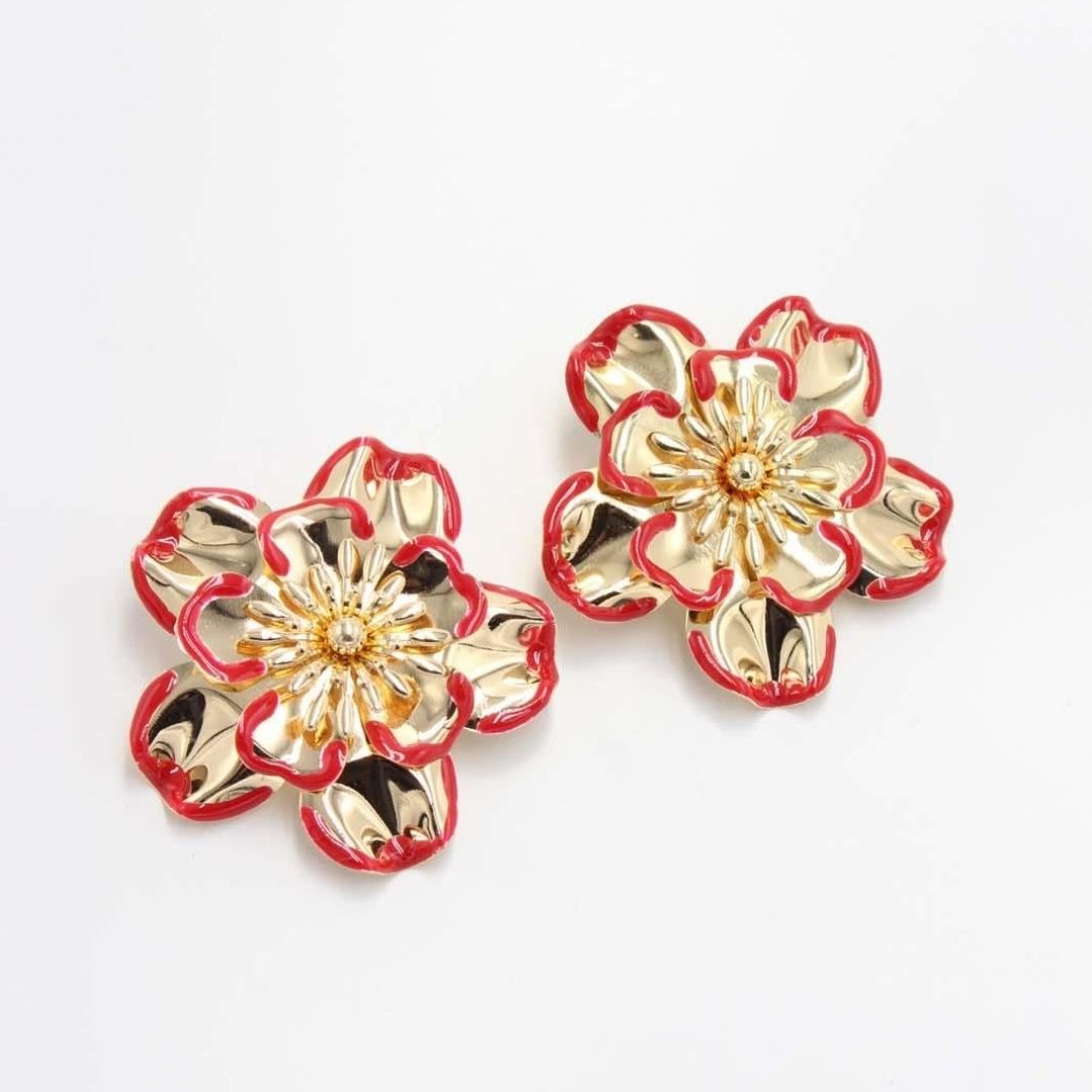 Elegant Gold & Red Floral Jewelry Set – Bracelet, Earrings & Ring Combo