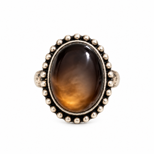 Oxidised German Silver Natural Smoky Stone Statement Ring