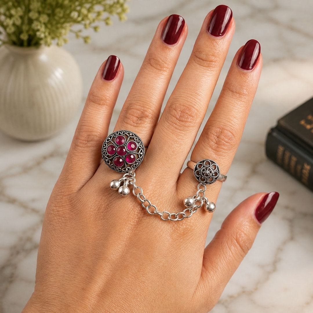 Oxidized German Silver Kashmiri-Style Pink Stone Floral Chain Hand Harness Ring