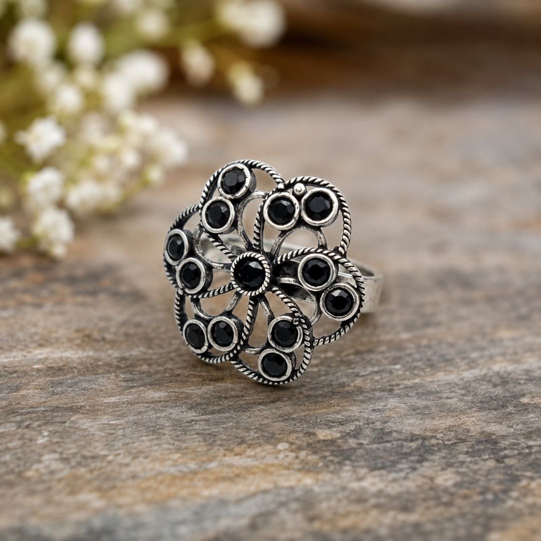 Oxidized German Silver Black Stone Floral Statement Ring