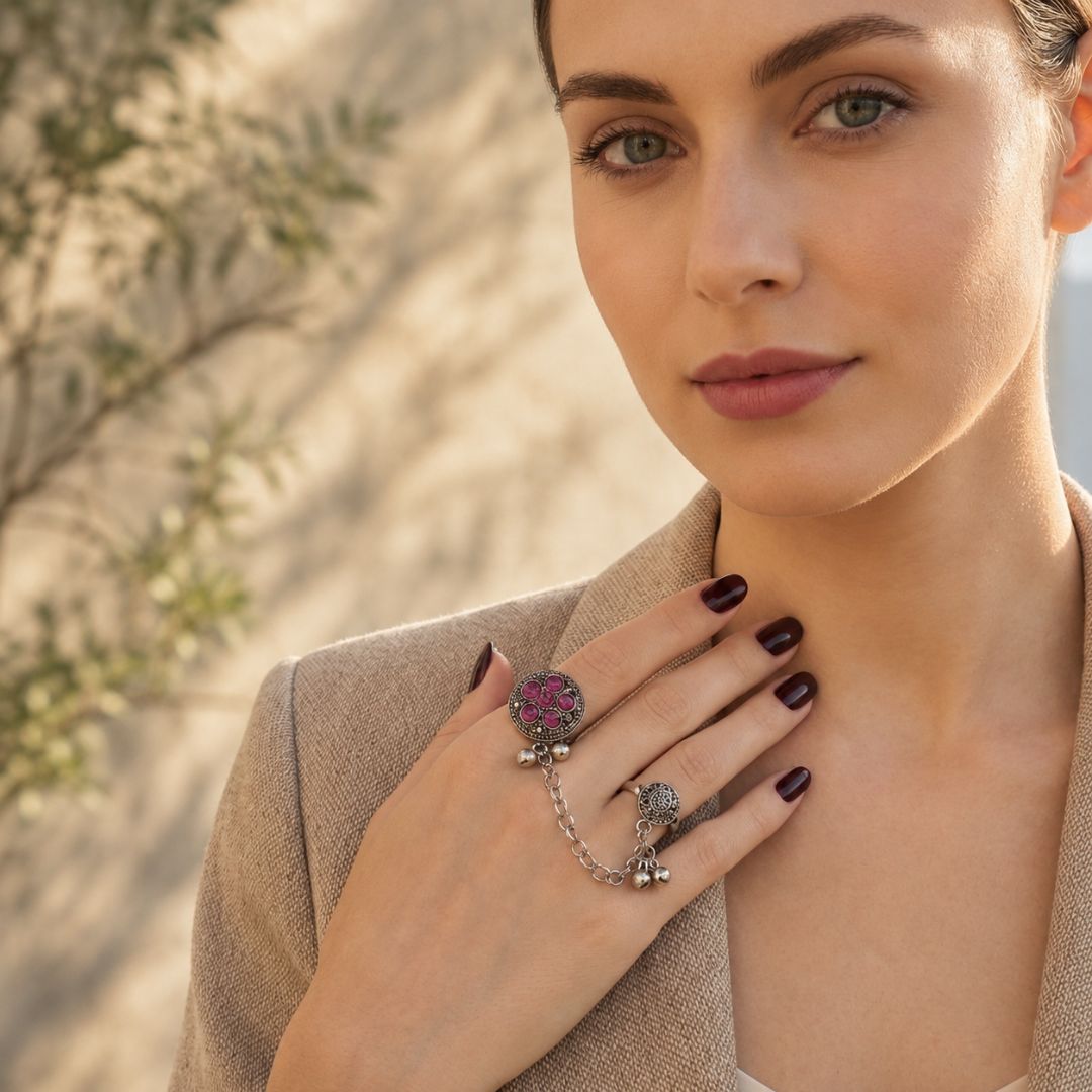 Oxidized German Silver Kashmiri-Style Pink Stone Floral Chain Hand Harness Ring