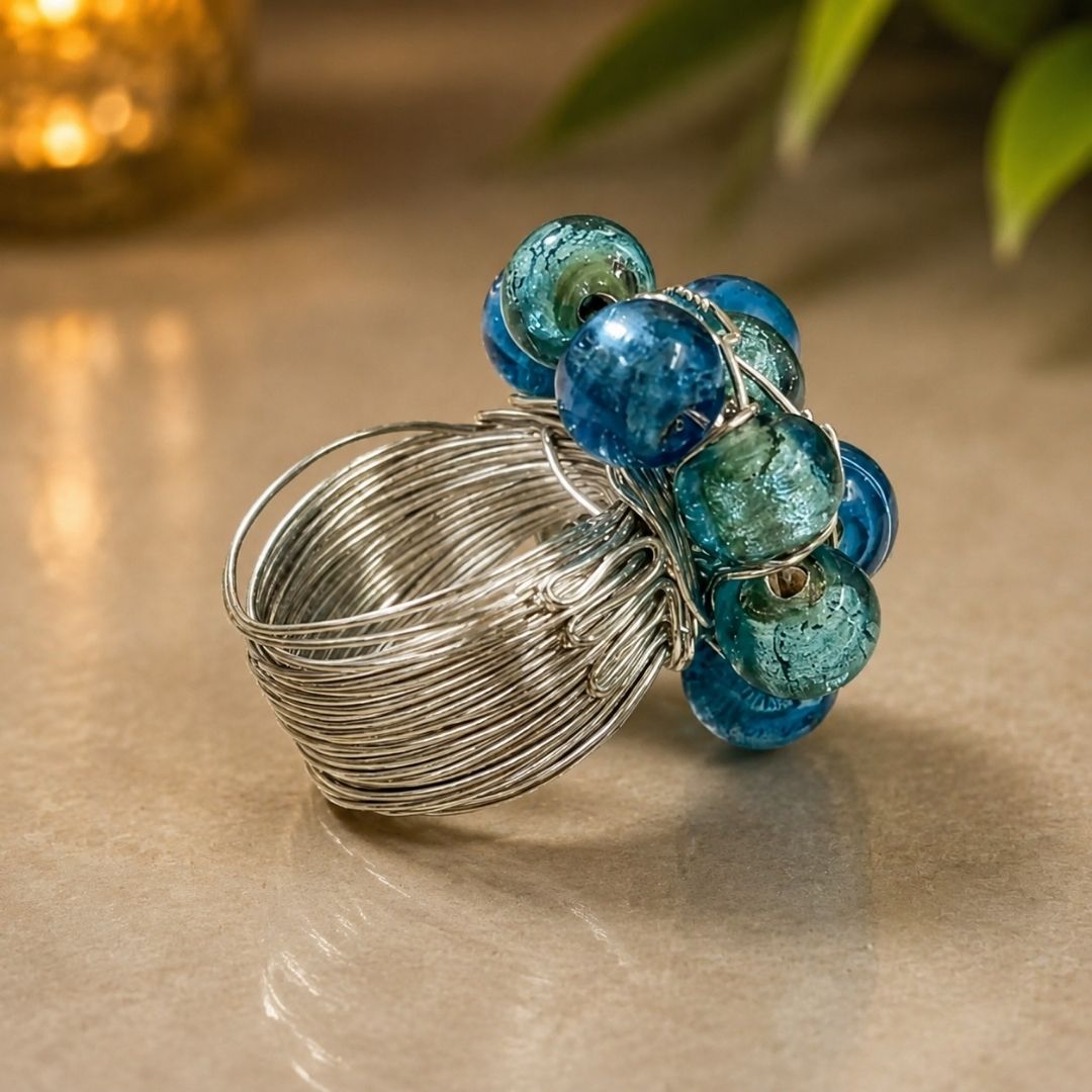 Handmade Blue & Teal Beaded Wire Wrap Statement Ring