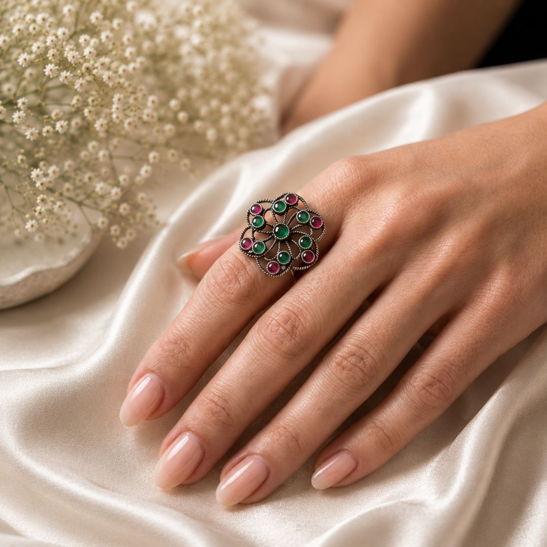 Oxidized German Silver Red & Green Stone Floral Statement Ring