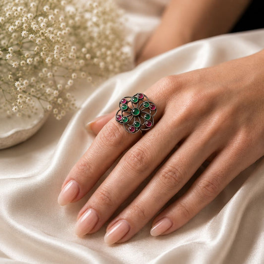 Oxidized German Silver Red & Green Stone Floral Statement Ring