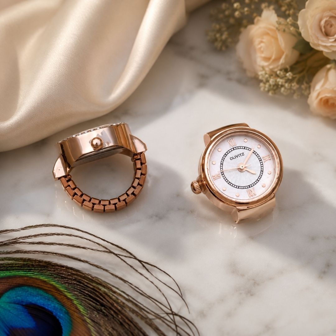 Classic Rose Gold Finger Watch | Roman Dial Adjustable Ring