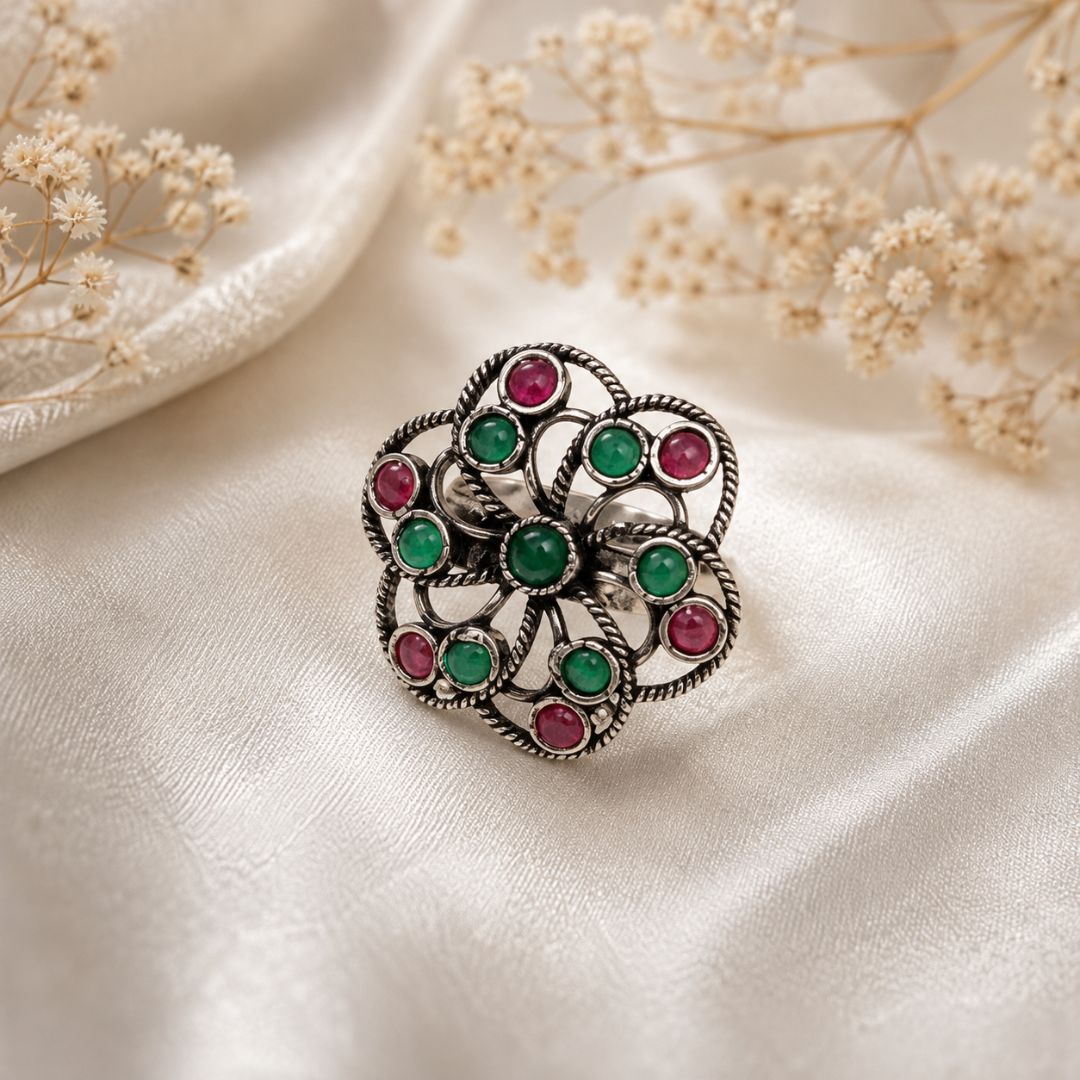 Oxidized German Silver Red & Green Stone Floral Statement Ring