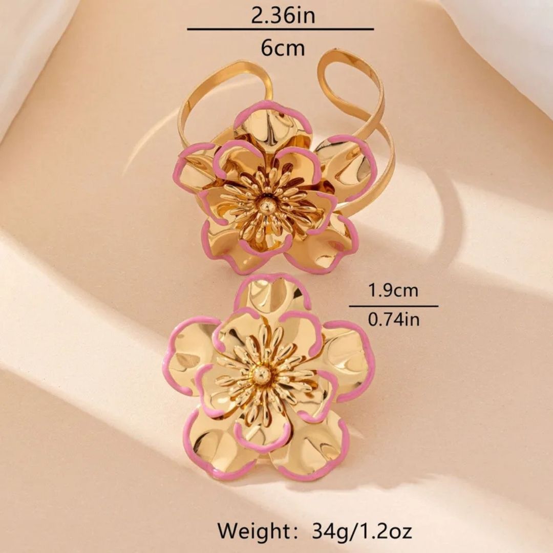 Elegant Gold & Pink Floral Jewelry Set – Bracelet, Earrings & Ring Combo