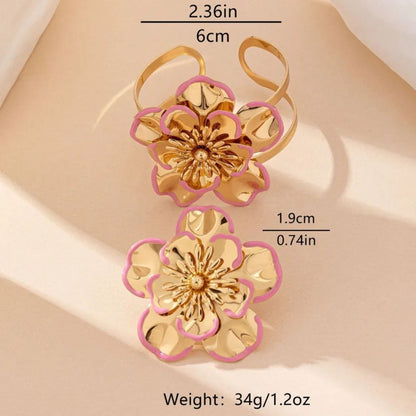 Elegant Gold & Pink Floral Jewelry Set – Bracelet, Earrings & Ring Combo