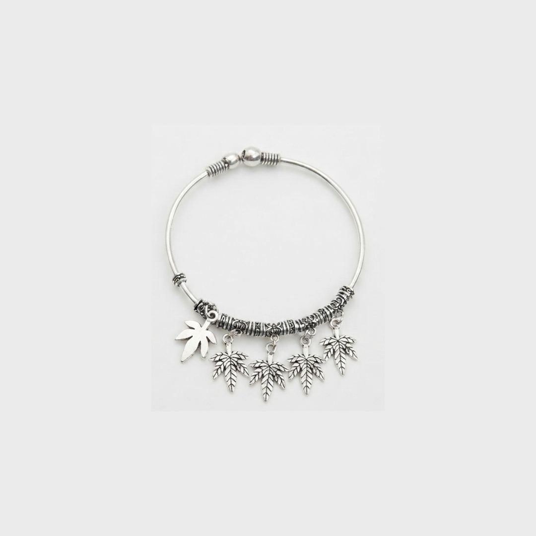 Oxidized Silver-Tone Leaf Charm Bracelet | Boho Adjustable Bangle for Women