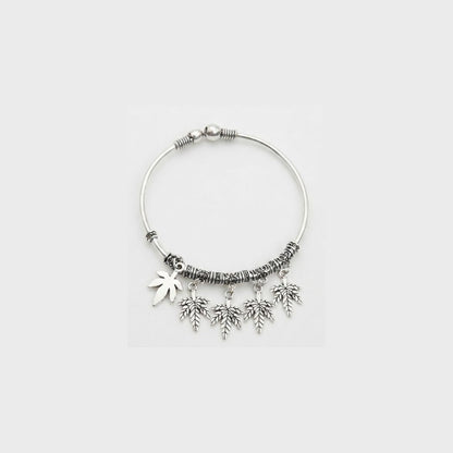 Oxidized Silver-Tone Leaf Charm Bracelet | Boho Adjustable Bangle for Women