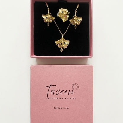 Golden Leaf Zircon Necklace Set with Earrings & Ring