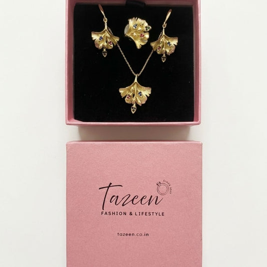 Golden Leaf Zircon Necklace Set with Earrings & Ring