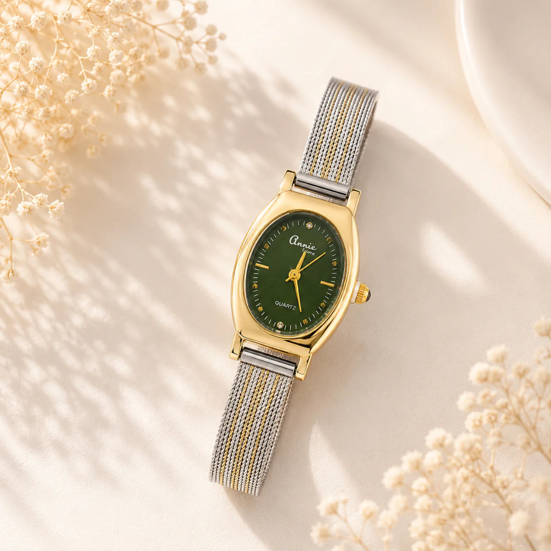 Annie Luxe Oval Women's Watch – Green Dial with 18KT Gold-Tone Stainless Steel Strap