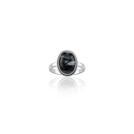 Black Banded Oval Stone Ring in German Silver-Tone Setting