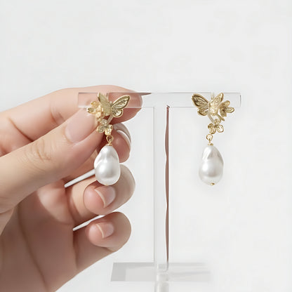 Elegant Gold Butterfly with Pearl Dangle Earrings