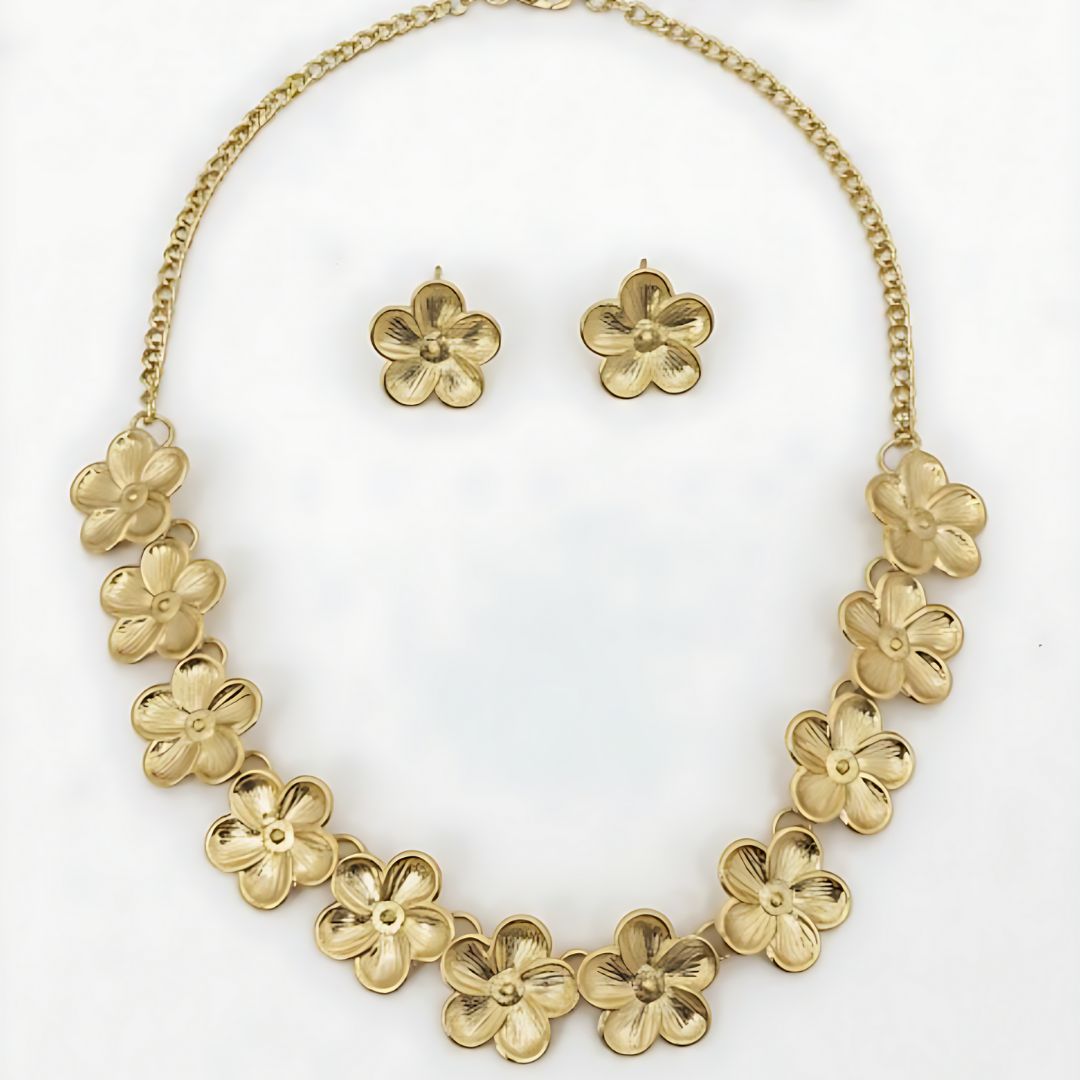Gold Plated Floral Necklace Set with Earrings