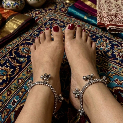 Traditional Oxidized Silver Charm Anklet for Women
