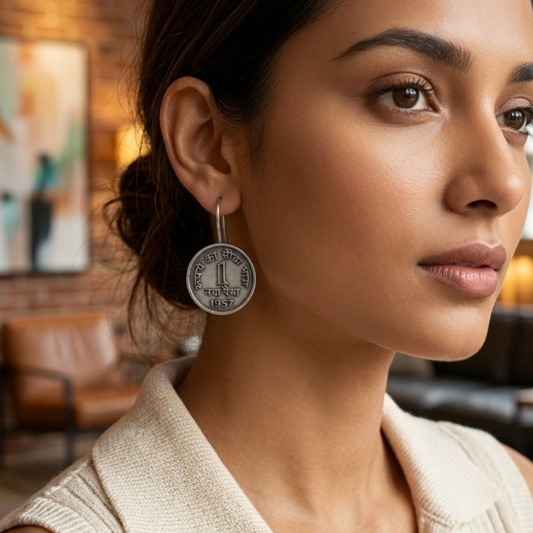 Vintage German Silver 1 Paisa Coin Earrings | Antique Oxidized Ethnic Jewelry