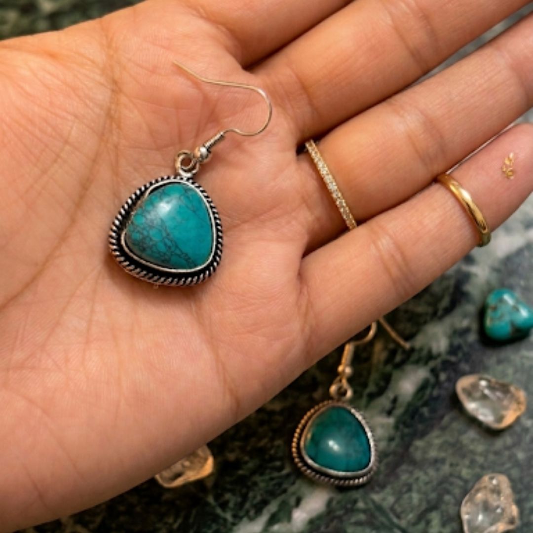 Vintage Turqoise Stone Drop Earrings – Antique Silver-Tone Dangle Earrings