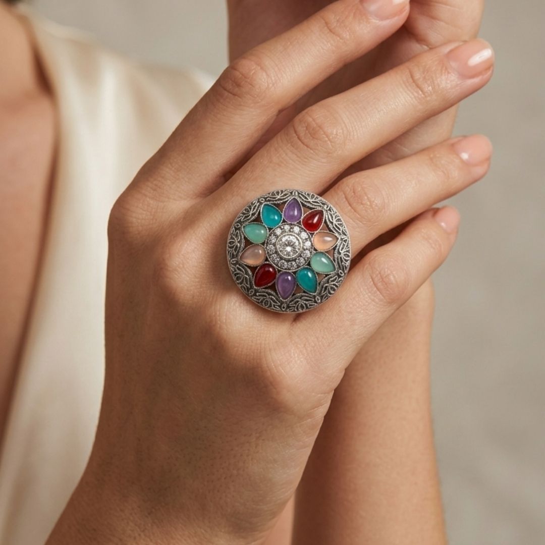 Multicolor Stone Floral German Silver Statement Ring