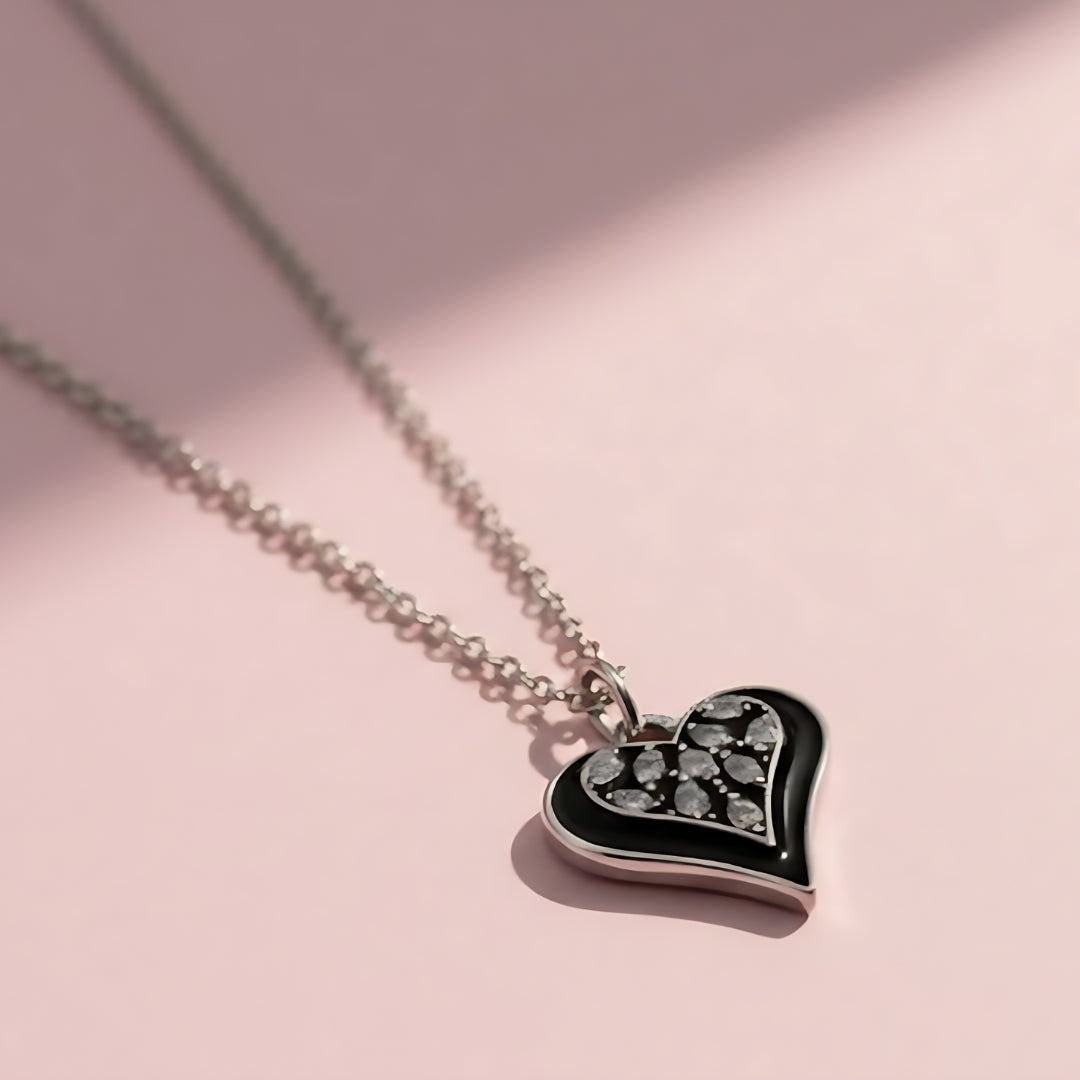 Black Crystal Heart Pendant Necklace – Silver Chain