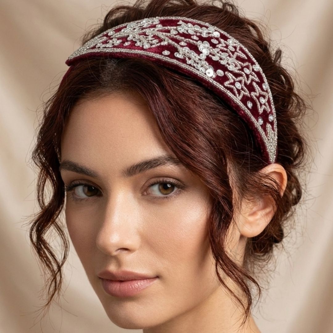 Handmade Premium Velvet Embellished Hairband – Burgundy Sequin Star Design