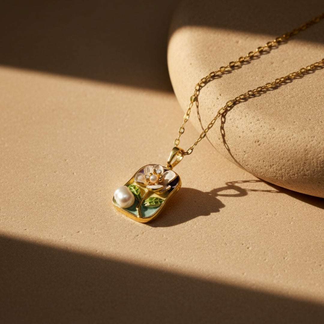 Gold Floral Enamel Pendant Necklace