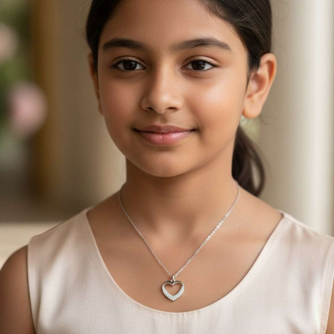 Silver Open Heart Pendant Necklace – Crystal Accent