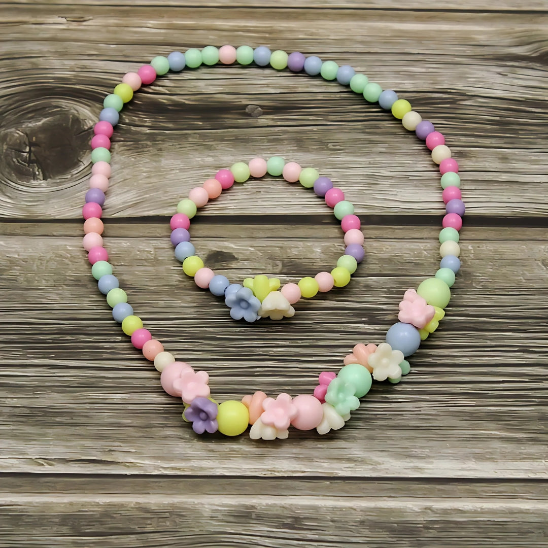 Kids Rainbow Flower Bead Necklace & Bracelet Set