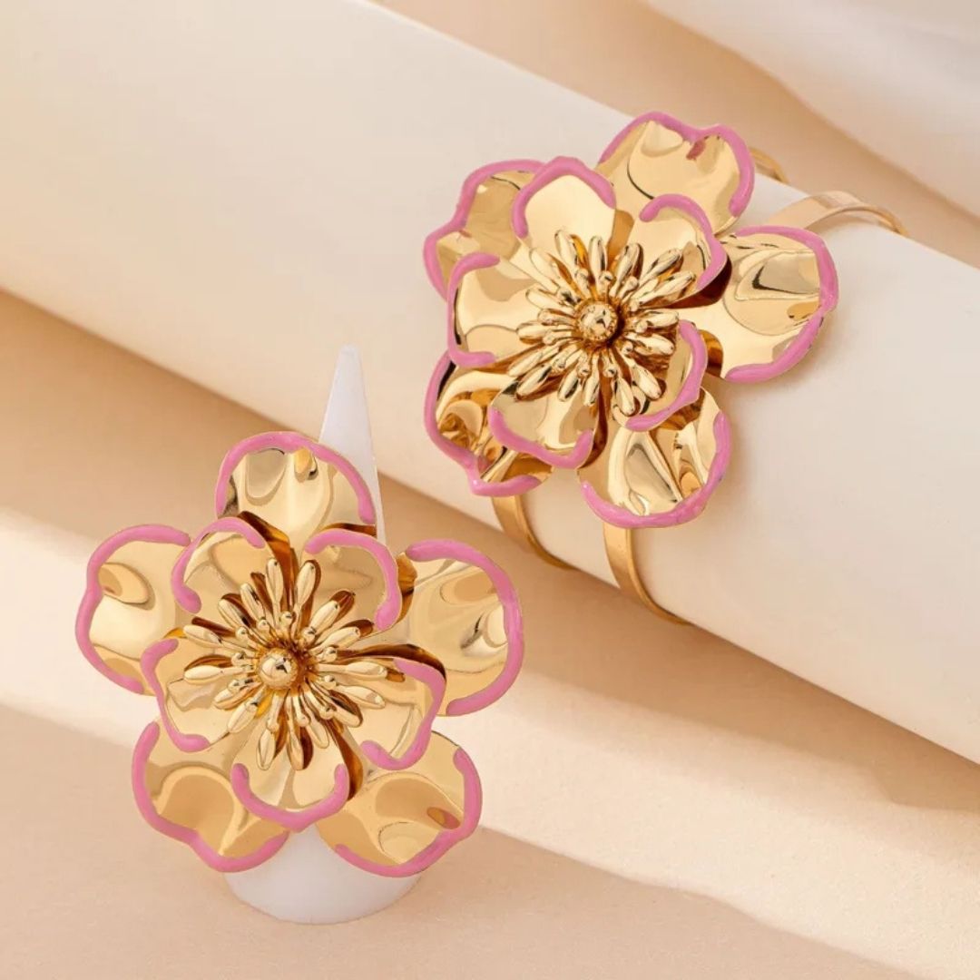 Elegant Gold & Pink Floral Jewelry Set – Bracelet, Earrings & Ring Combo