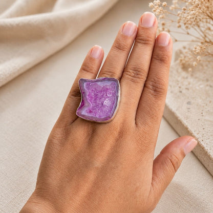 Pink Druzy Agate Statement Ring in Sterling Silver