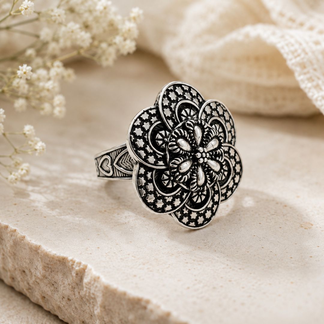 Oxidized German Silver Floral Mandala Statement Ring