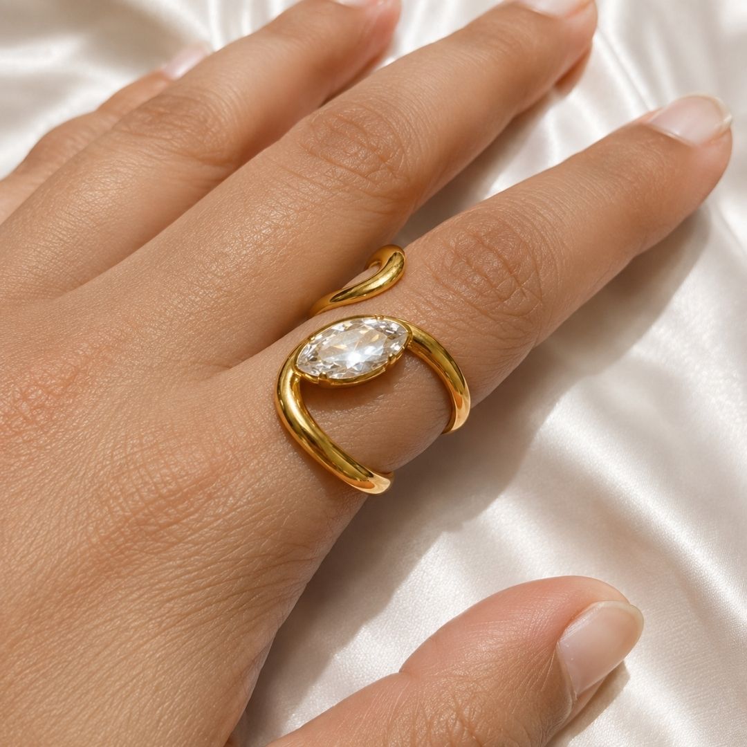 Elegant Gold Statement Ring with Oval Crystal – Modern Open Wrap Jewelry