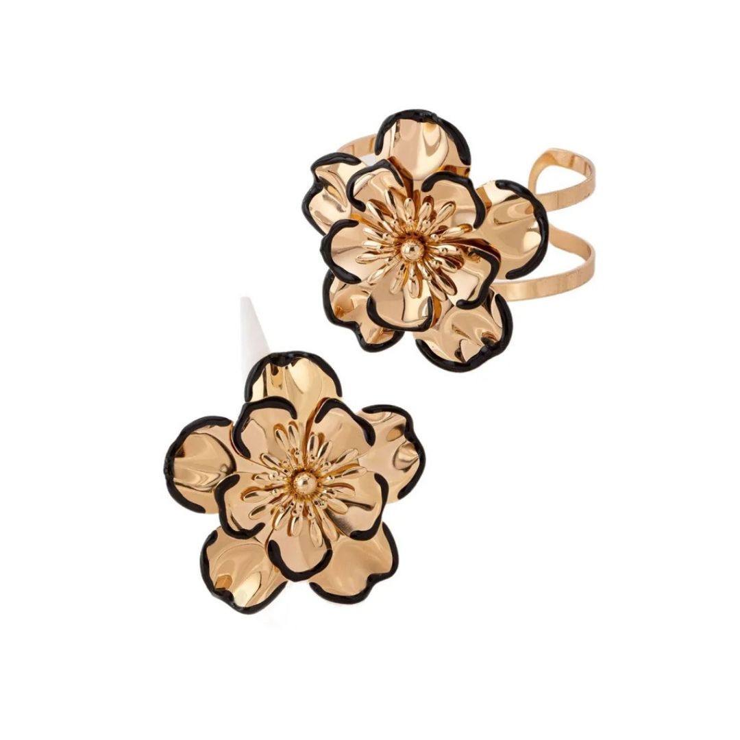 Chic Gold Floral Statement Jewelry Set – Bracelet, Earrings & Ring Combo