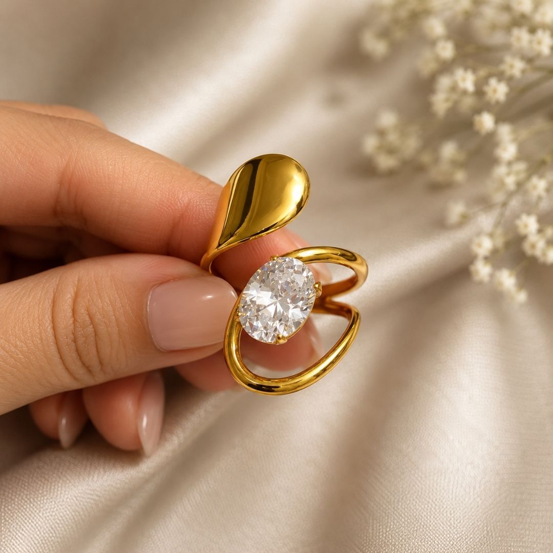 Elegant Gold Statement Ring with Oval Crystal – Modern Open Wrap Jewelry
