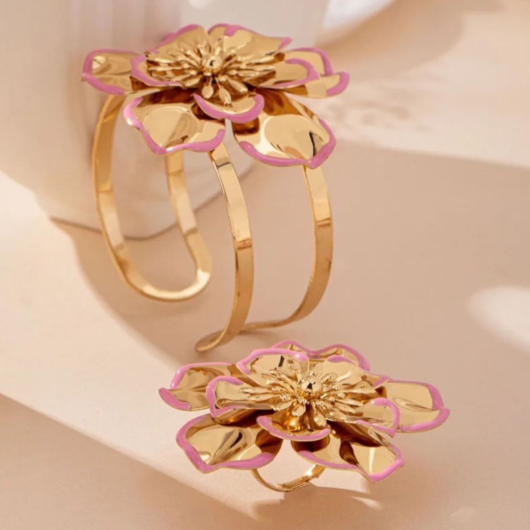 Elegant Gold & Pink Floral Jewelry Set – Bracelet, Earrings & Ring Combo