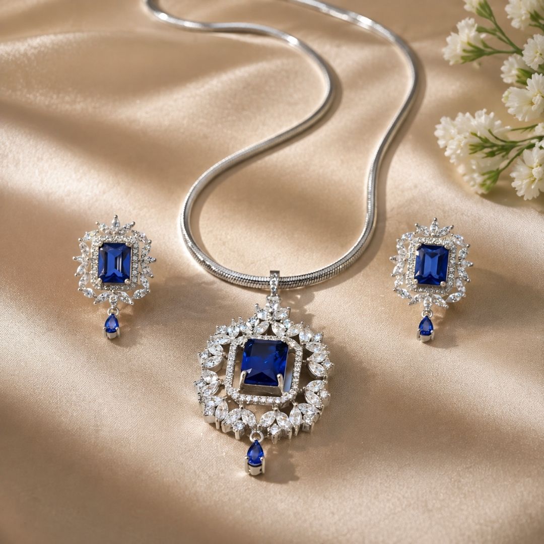 Royal Blue American Diamond Necklace Set