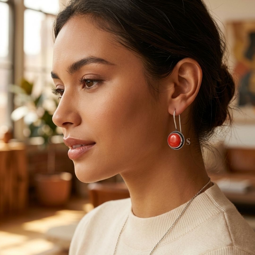 Red Round Stone Silver-Tone Dangle Earrings