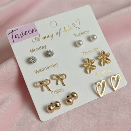 6 Days Stud Earrings Set – Everyday Minimal Gold & Pearl Combo