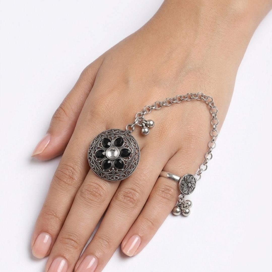 Oxidized German Silver Dual Ring Chain Black Stone Statement Hand Harness