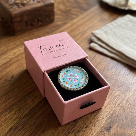 Elegant Meenakari Sky Blue Floral Silver Adjustable Finger Ring