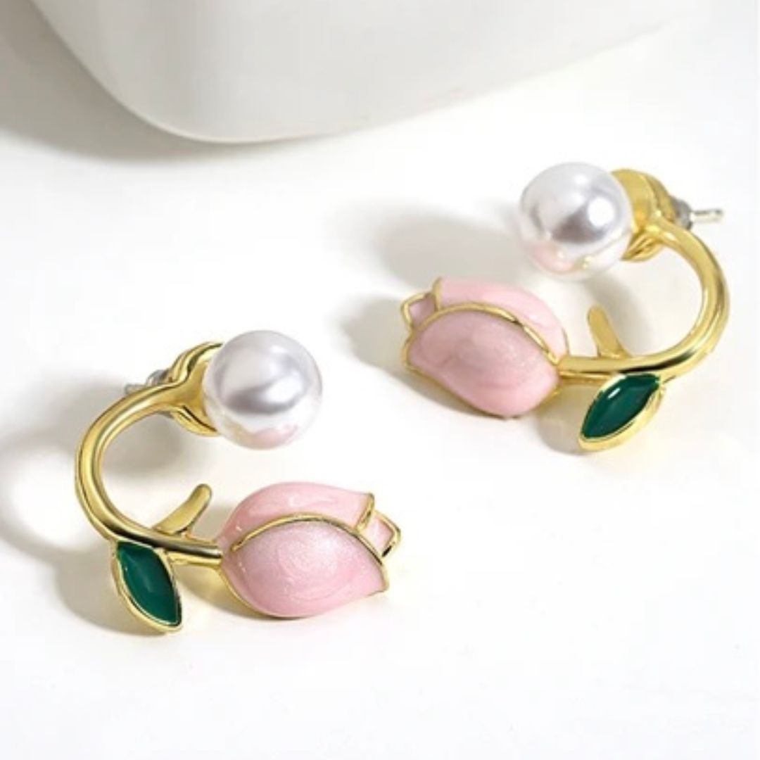Gold-plated tulip and pearl stud earrings