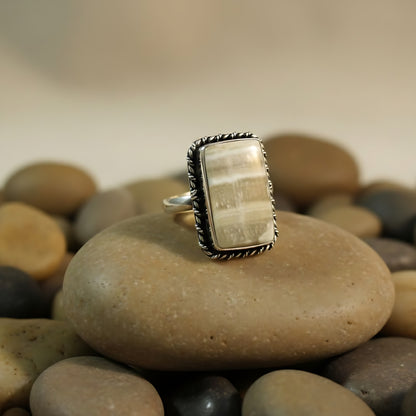 Beige Onyx Oxidized Silver Rectangular Finger Ring