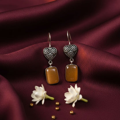 Antique Silver Heart Drop Earrings with Honey Amber Stone