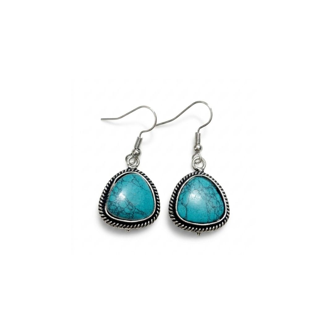 Vintage Turqoise Stone Drop Earrings – Antique Silver-Tone Dangle Earrings