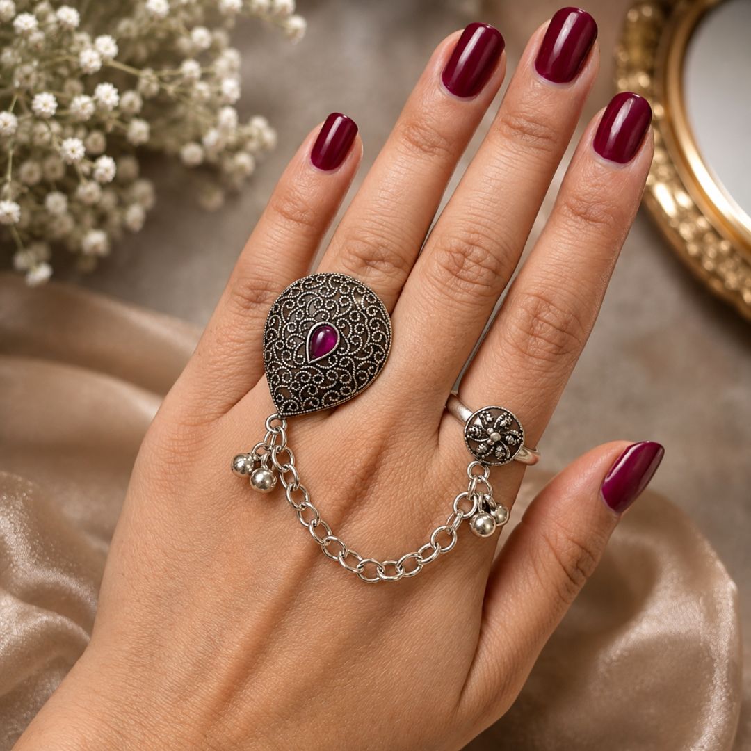 Oxidized German Silver Kashmiri-Style Ruby Stone Chain Hand Harness Ring