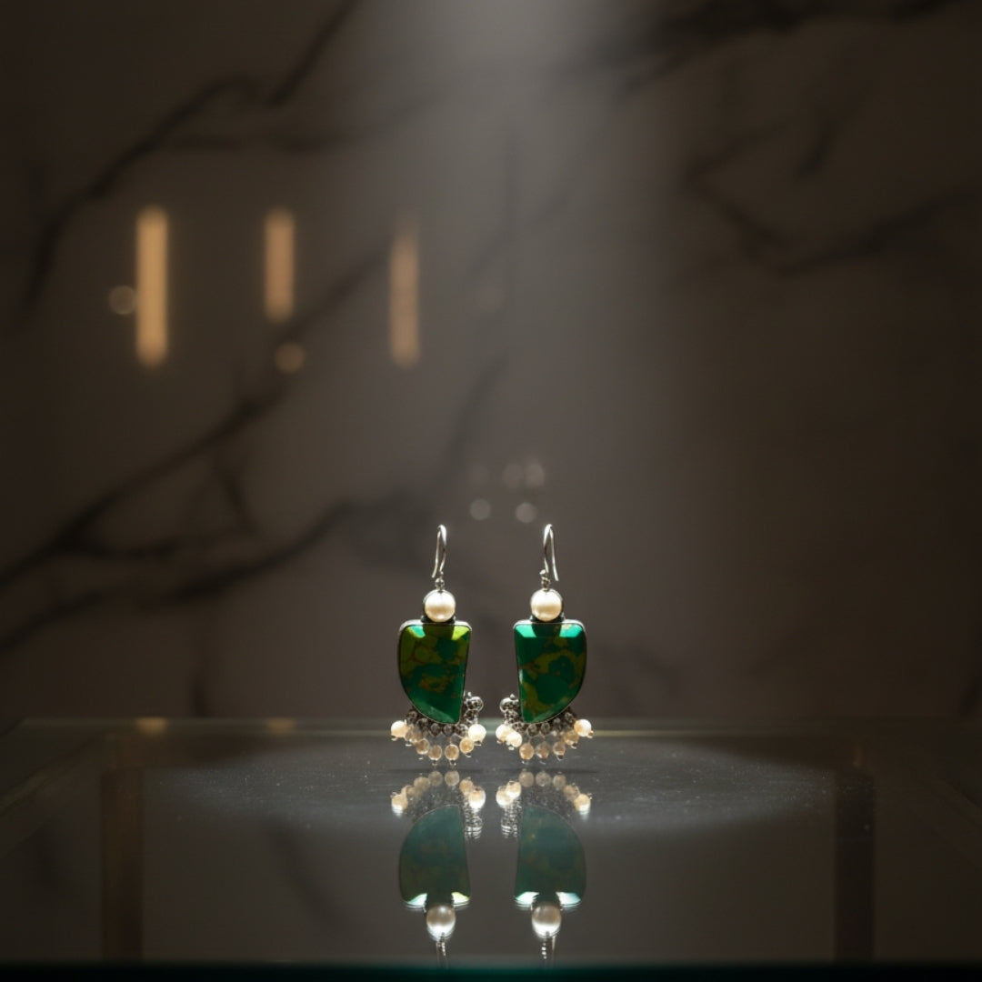 Oxidized Green Abstract Stone & Pearl Danglers