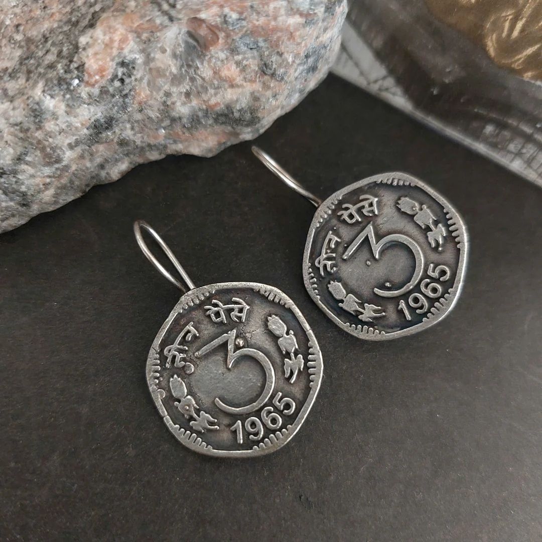 German Silver 3 Paisa Coin Earrings | Vintage Oxidized Ethnic Statement Jewelry